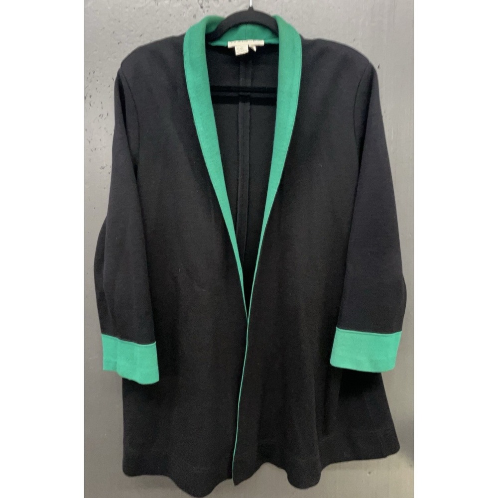 Vtg Wool Blend Jacket Blazer L Black Emerald Green Open Front Cardigan 80s 90s